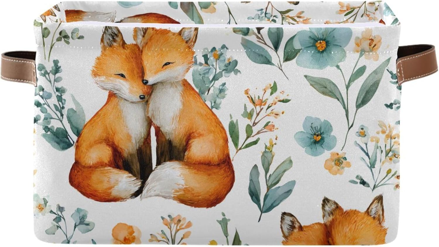 OTVEE Canvas Bins for Closet Shelves Organizing Flower Fox Watercolor Storage Basket Baby Clothes Organizers Storage Box Nursery Bins Gift Baskets 2 Pack