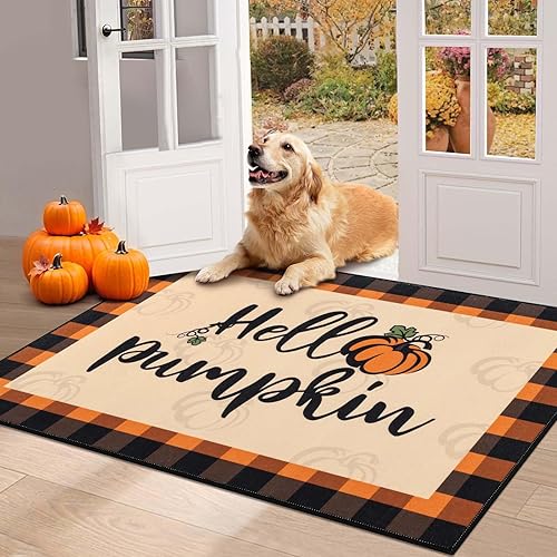 HEBE - Tapete para puerta de otoño, 32 x 48 pulgadas, diseño de calabaza, antideslizante, a cuadros, para interiores y exteriores, otoño, cosecha,