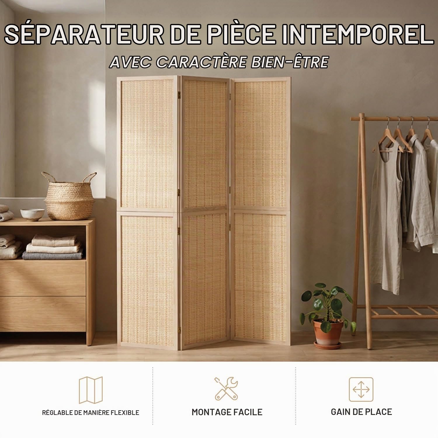 Homestyle4u Paravent 3 pièces en Bois de Bambou Naturel 120 x 170 cm Cloison de séparation Brise-Vue autoportant