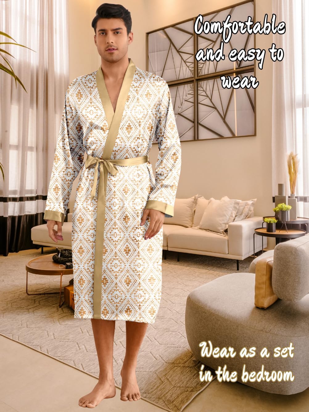 Men's Satin Kimono Robe Set with Shorts, Silk Lightweight Bathrobe with Belt, Luxury Long Sleeve Sleepwear - Image 5