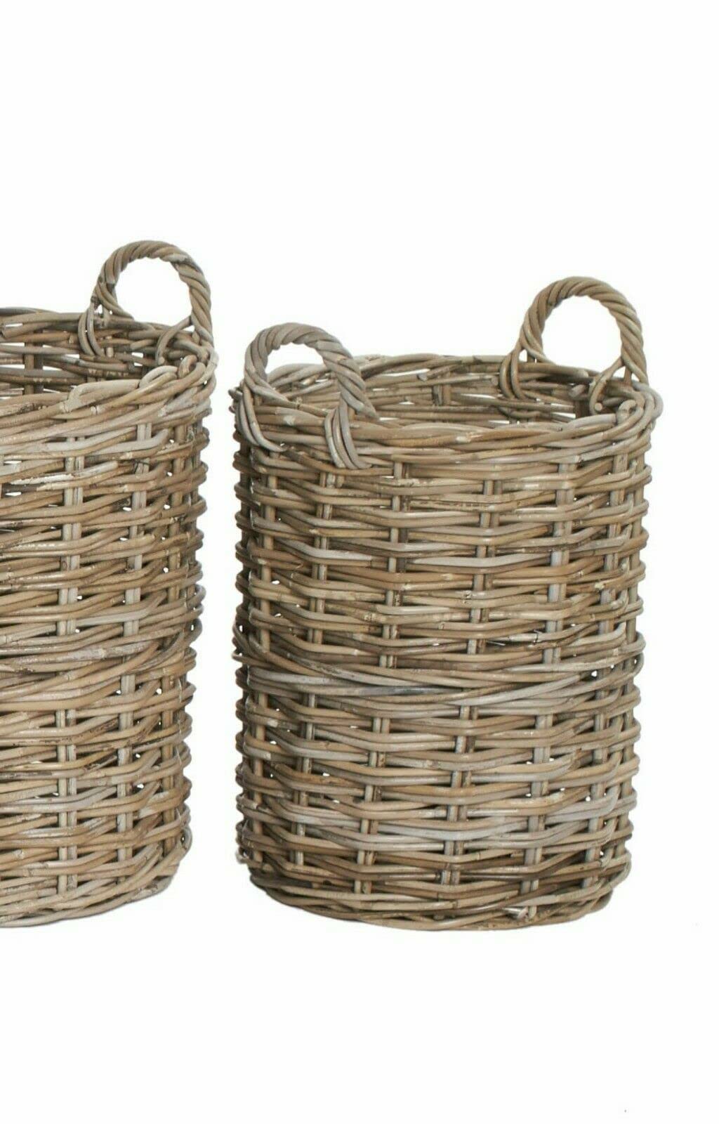 Bliss and Bloom Round Wicker Log Storage Basket Grey and Buff Rattan Small