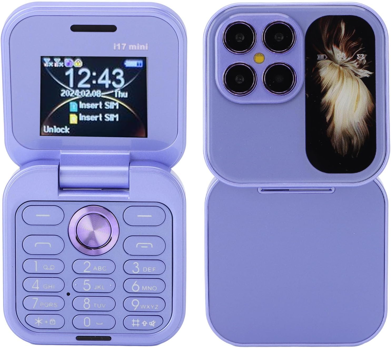 Brrnoo Flip Small Cell Phone Dual Nano SIM Media Player HD Rear Camera LED Flashlight GSM Network Seniors (Purple)