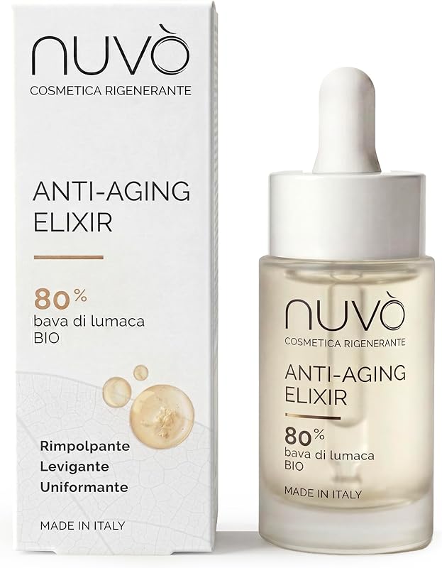 Le sérum visage Nuvò est un soin anti-âge puissant à base de bave d'escargot bio (80%) et d'Hexapeptide-8. Il aide à rep