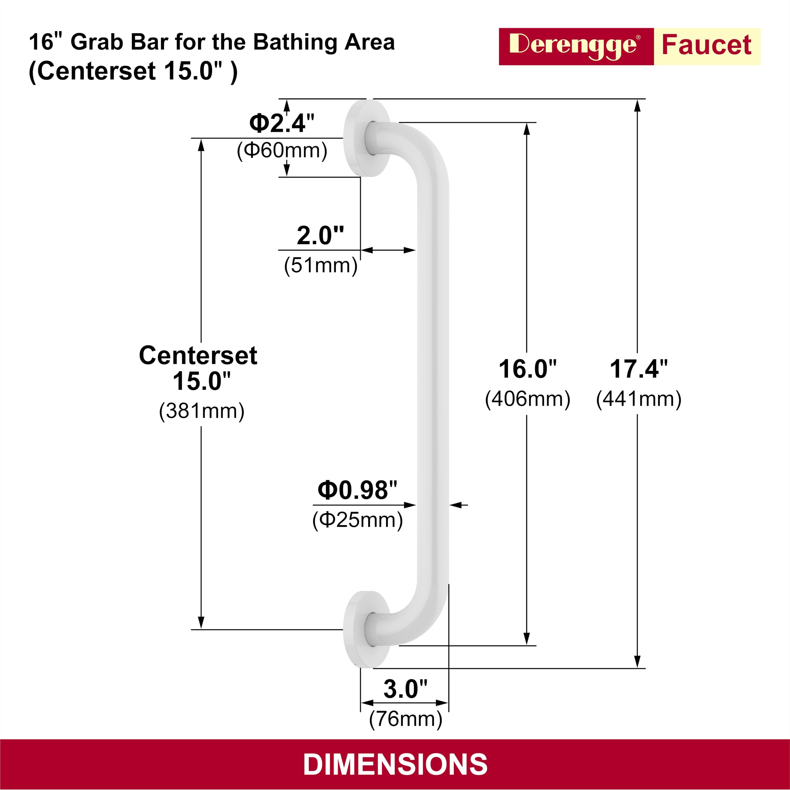 Barra di sostegno da 40,6 cm in acciaio inossidabile 304, antiscivolo, per bagno, corrimano di sicurezza per bagno, doccia, WC, supporto per disabili anziani, GB-4023-WH, bianco