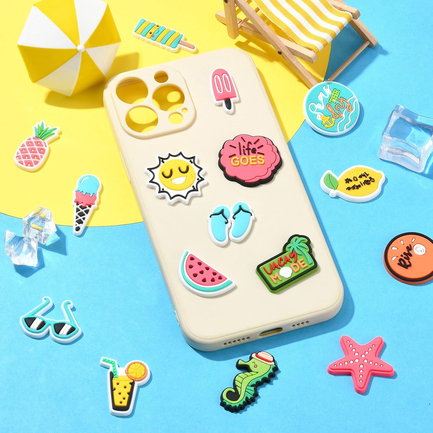 LiQunSweet 56 pcs 56 Styles Summer-themed PVC Shoe Charms Ice Cream Drink Fruit Shell Leaf Flower Swimming Sun Cabochons for DIY Jewelry Making Decorations Shoe Bag