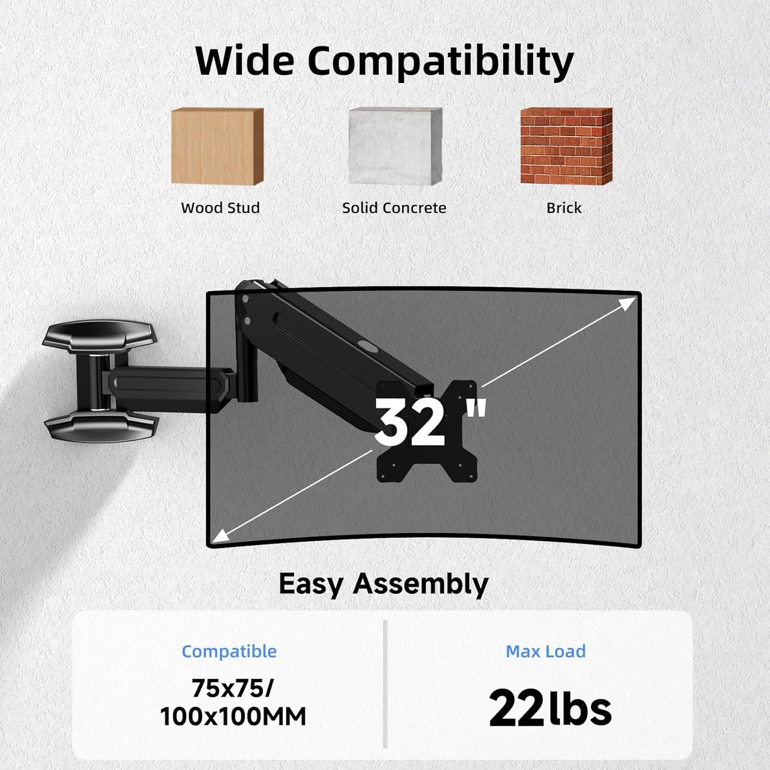 suptek Single Monitor Wall Mount for 13 to 32 Inch Screens, Gas Spring Monitor Arm Wall Mount Holds Up to 10KG/22lbs, Full Motion Adjustable,VESA Mount 75x75/100x100mm(WM18)