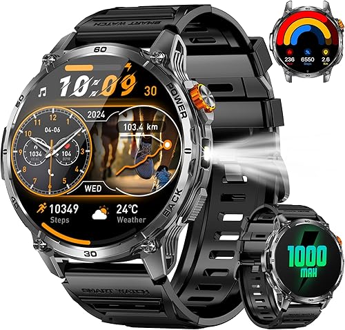 Military Smart Watches for Men with 1000mAH Battery, 1.7" HD Sports Smartwatch with Flashlight/Bluetooth Call/Heart Rate/SpO2/Sleep Monitor, Fitness
