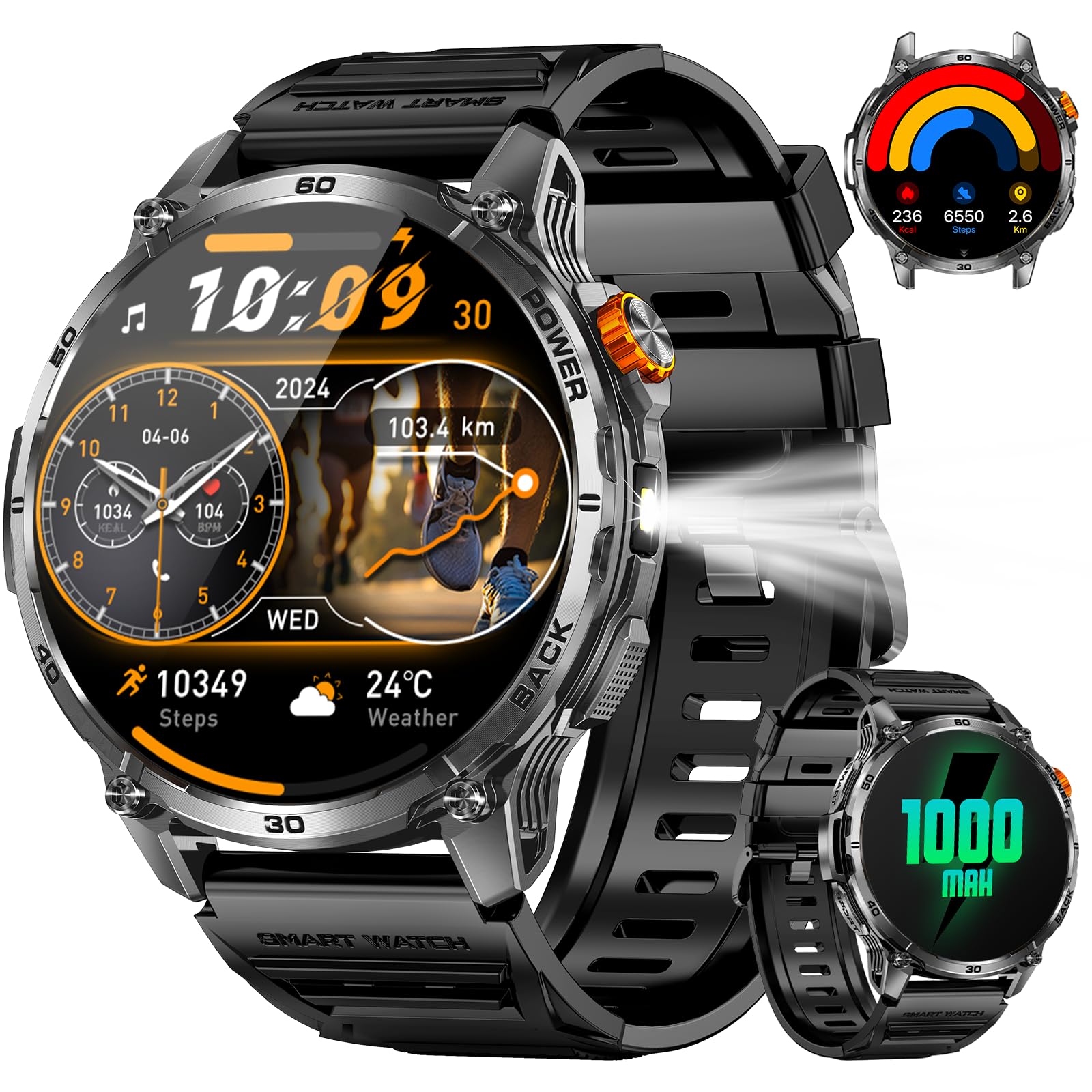 Military Smart Watch for Men, Rugged Tactical Smartwatch with 1000mAh Battery &amp; LED Flashlight, 1.7" HD Fitness Tracker with Bluetooth Call, Heart Rate/Sleep Monitor for Android/iPhone