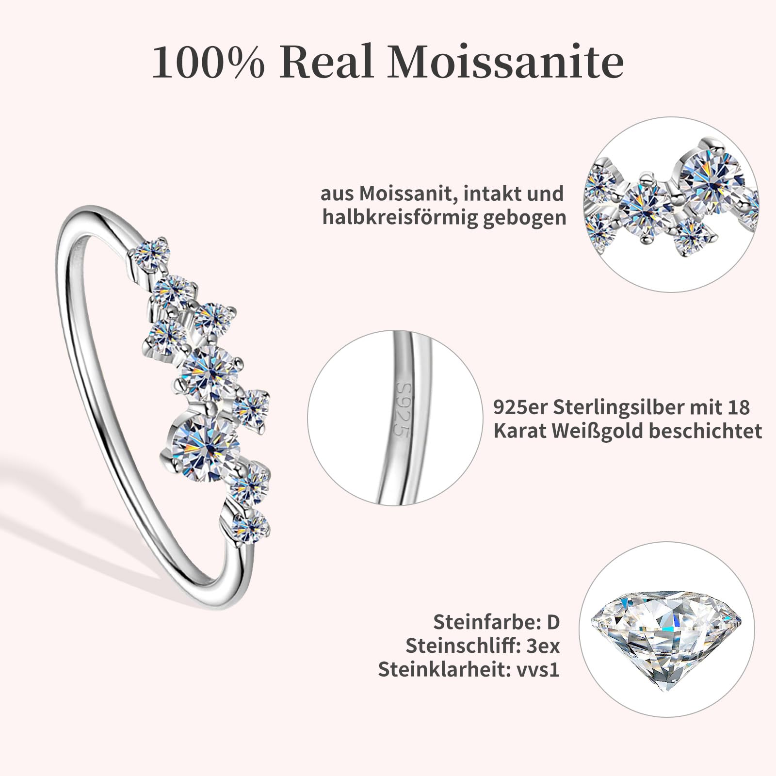 Moissanite Ringe Damen 925 Sterling Silber | Verlobungsring Ehering Schmal & Klassisch | 2025 Neu