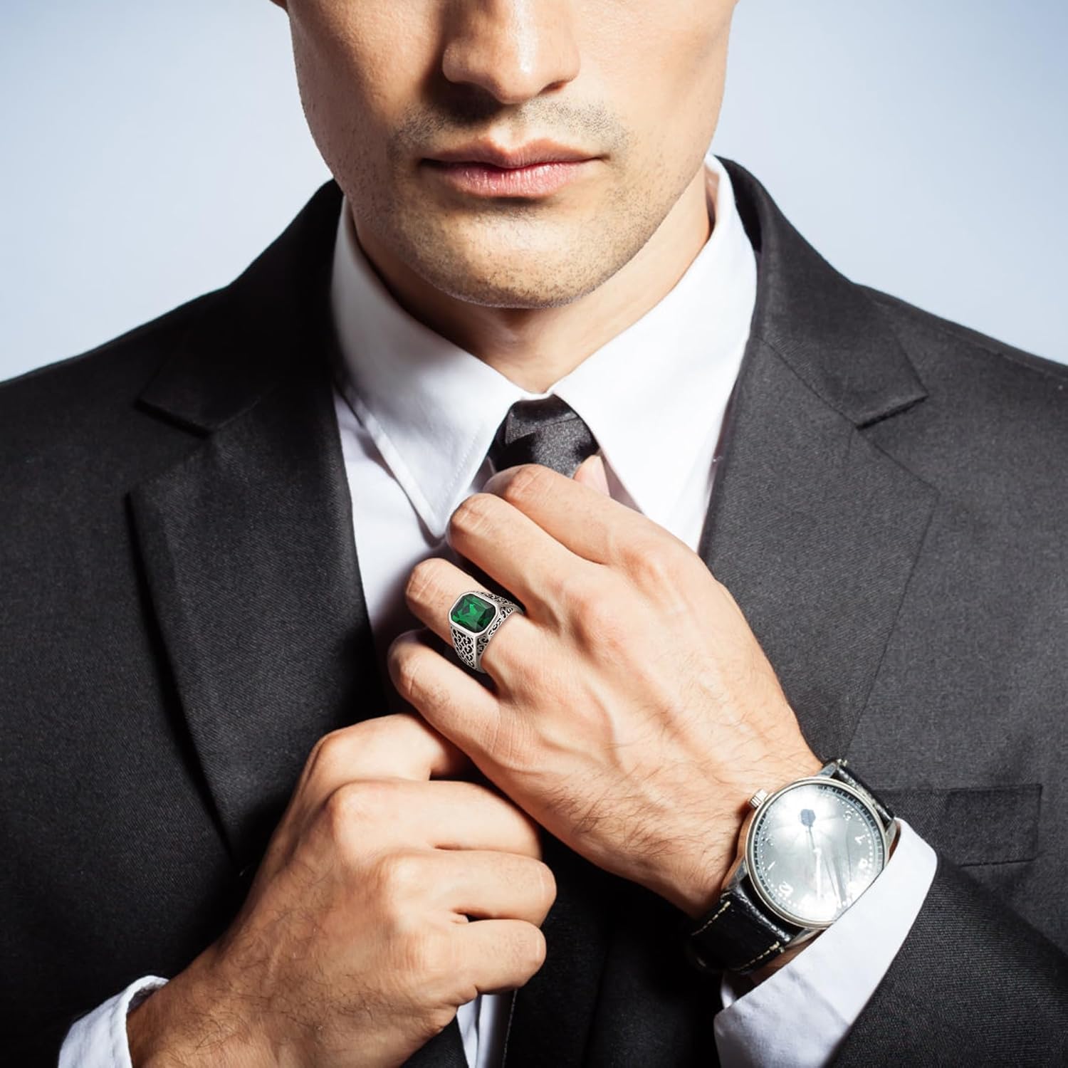 YL Men's Gemstone Statement Ring Stainless Steel Square Signet Ring Wedding Band Engagement Jewelry - Image 2