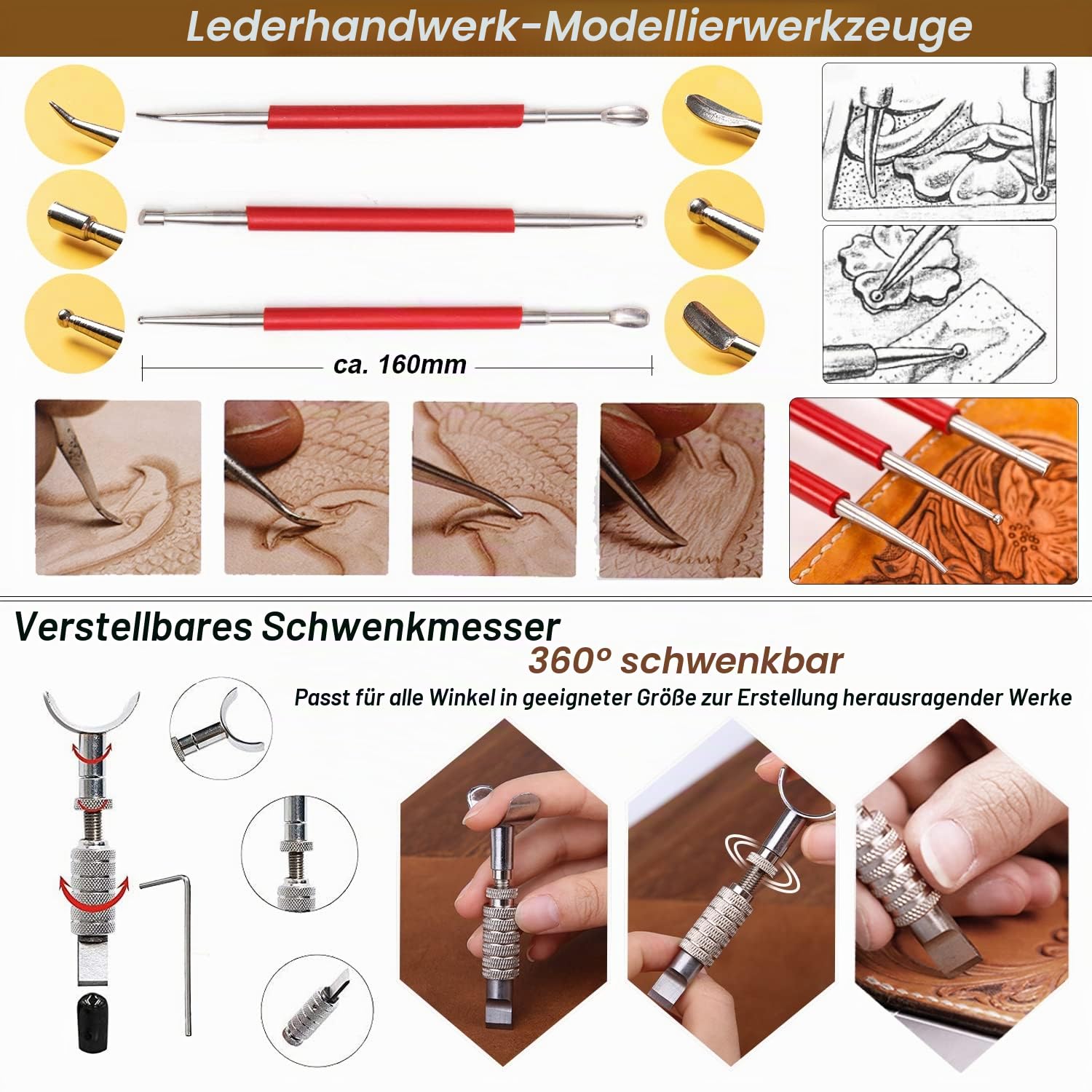 Leder Werkzeuge Set für Leder DIY Bearbeitung Handwerk mit Hammer, Nadeln, Schneidemesser und Faden Prong Punch