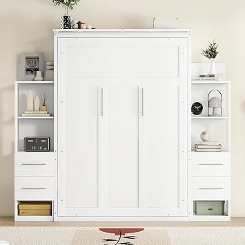 MERITLINE Queen Murphy Bed with Storage Drawers,LED Lights and Storage Bookcase Shelves,Wood Murphy Wall Bed Cabinet for Adults White