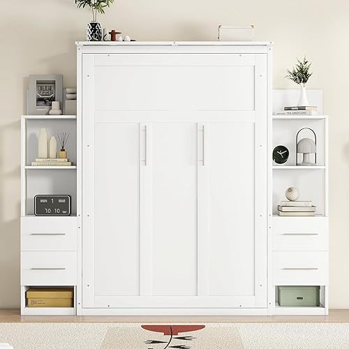 Queen Murphy Bed with Storage Drawers,LED Lights and Storage Bookcase Shelves,Wood Murphy Wall Bed Cabinet for Adults (White)