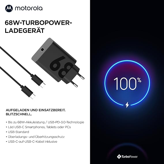Motorola USB Charger 68 W 1x USB-C USB PD 3.0 USB PD Black GaN Fast Charger