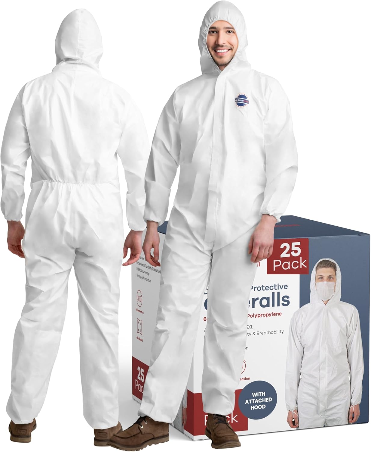 Hazmat Suits Disposable | 25 Pack | Hooded, Heavy Duty, Breathable Disposable Coverall, Painter Suit| 9 Sizes