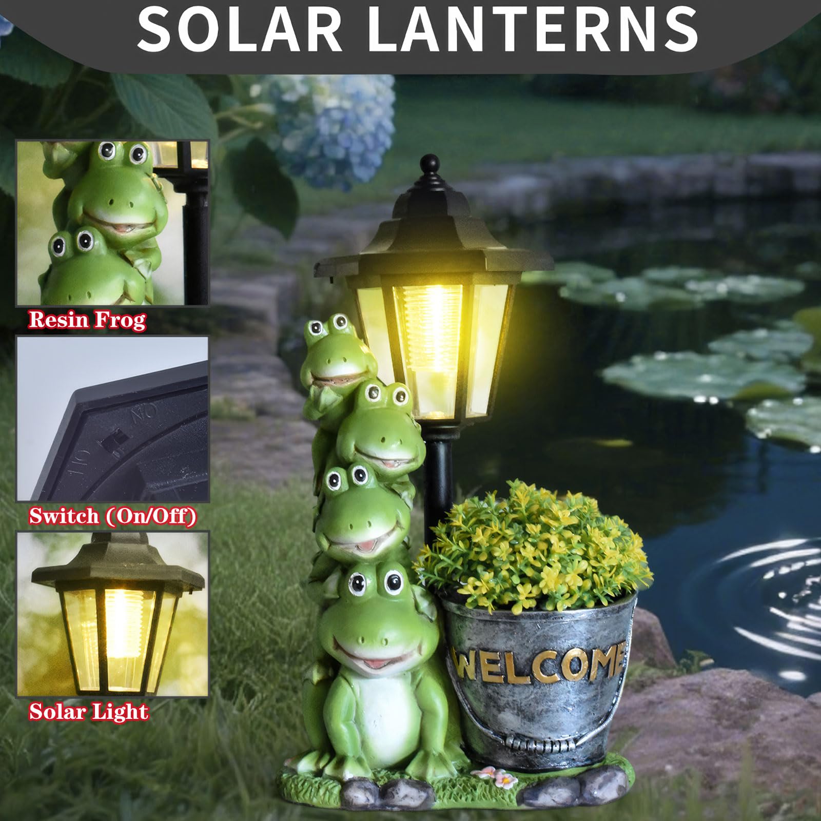 Estatua solar de rana para exteriores, adornos familiares de rana de 13.4 pulgadas con linterna y maceta para decoración de jardín, balcón, patio, césped, regalos de cumpleaños para mujeres