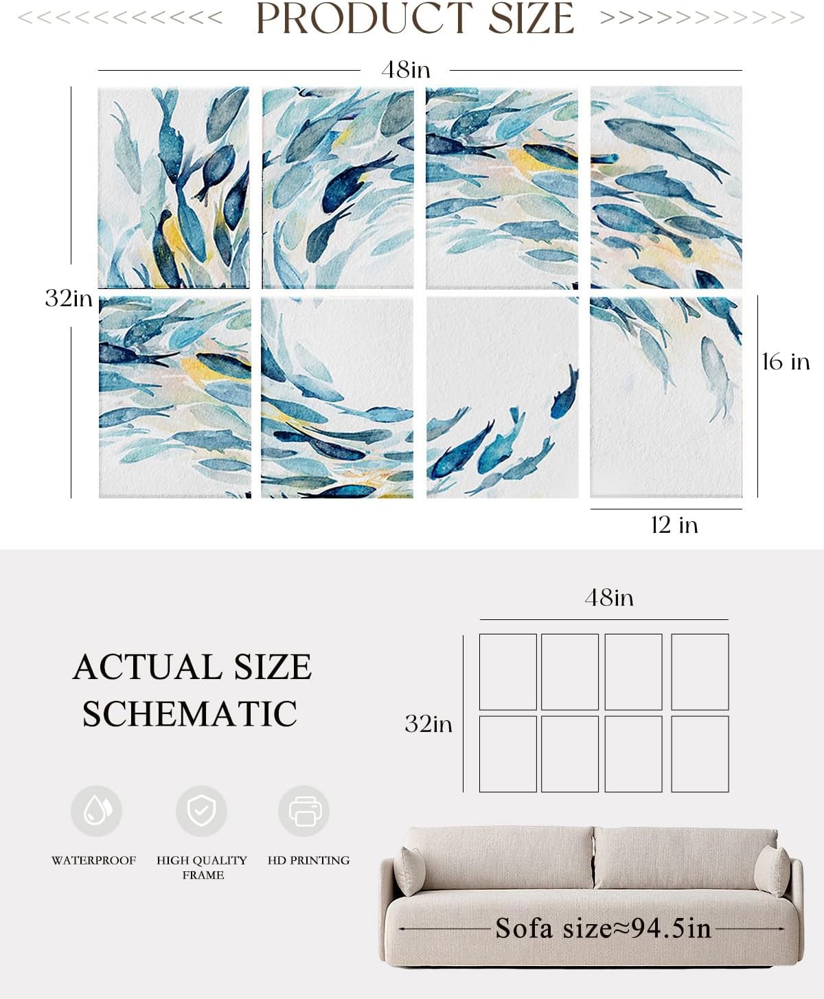 ARPEOTCY Acoustic Art Wall Panels for Bedroom, Recording Office, podcast, TV, 48x32in, Ocean Wall decor, Watercolor Fish Art Picture, Soundproof Sound Absorbing, 8pcs