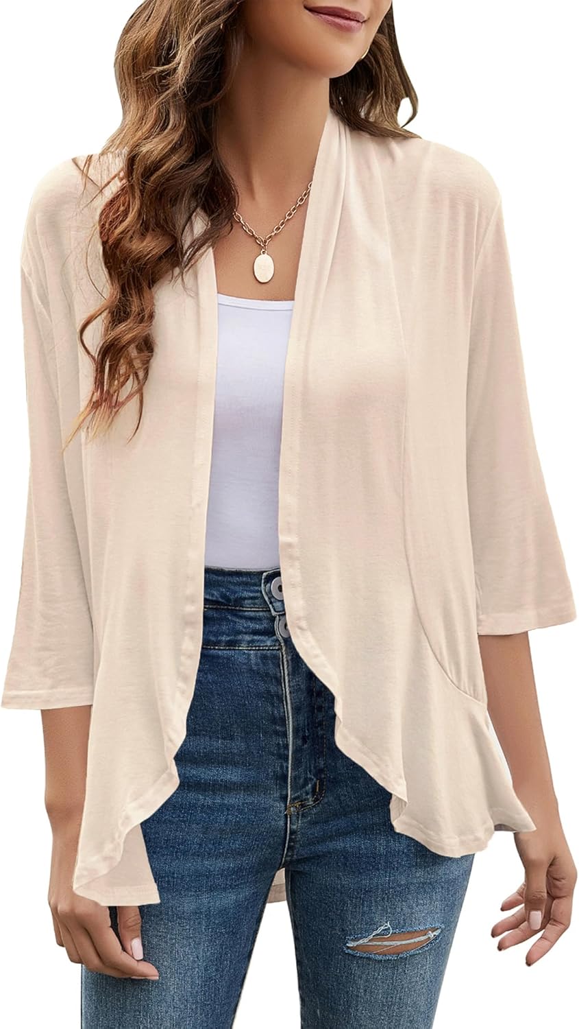 Yekaty Women Cardigan 3/4 Sleeves Open Front Lightweight Cardigan Draped Ruffles Knit Cardigan