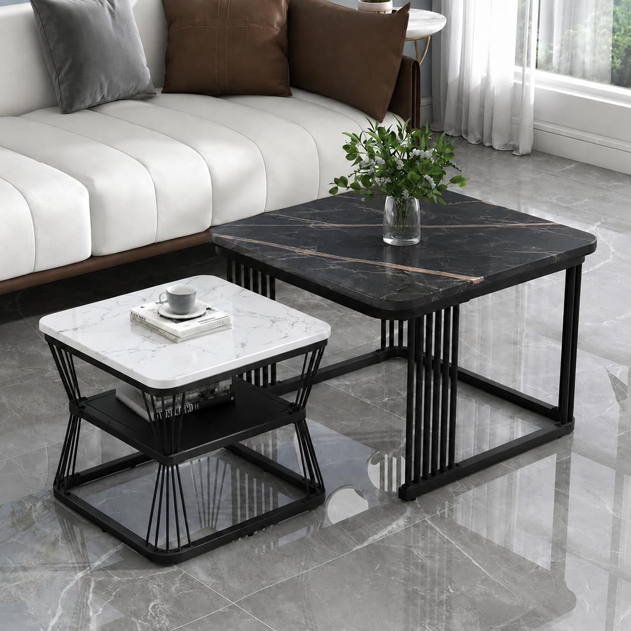 Set of 2 Modern Coffee Tables with Marble Finish Top, Metal Frame, Nesting Center Table & End Table for Living Room Home Decor (Black & White-Black)-image-15