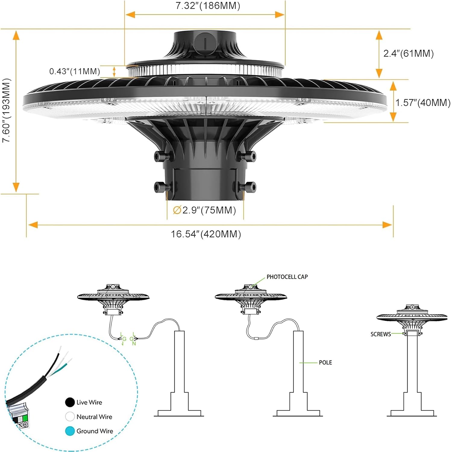 100W/80W/60W LED Post Top Light with Photocell, 14000 lumens 5000K Circular Area Pole Lights, IP65 Waterproof Outdoor Post Light for Garden Pathway Yard Street Lighting UL Listed, AC100-277V