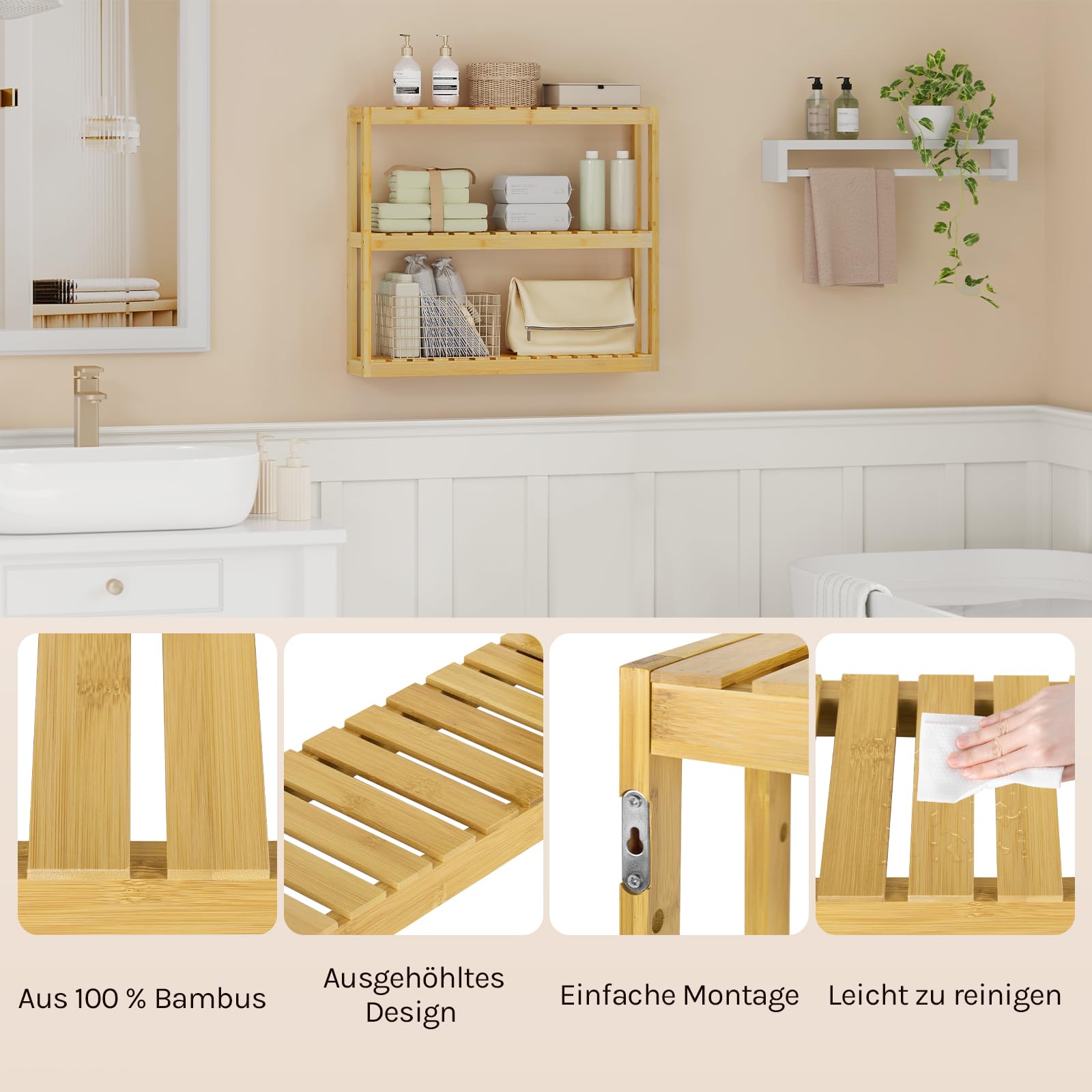 WOLTU Bambus Regal, Hängeregal, Badregal, Wohnzimmerregal, Badezimmerregal stehend, Bücherregal, Schuhregal, verstellbare Ablage, mit 3 Ebenen, 60x54x15 cm, Naturfarbe