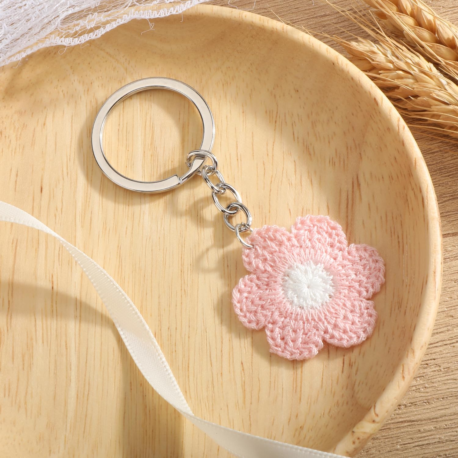 Crochet Mushroom Flower Keychain Handmade Pink Botanical Charm Women Girls Gift Nature Lover Cute Bag Charm - Image 3