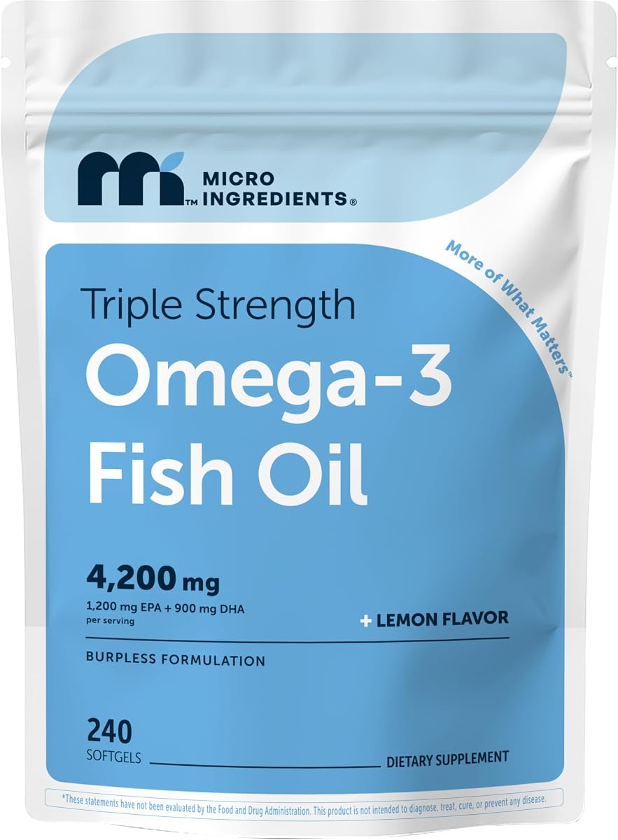 Triple Strength Omega-3 Fish Oil 4,200 mg Per Serving | EPA 1200mg + DHA 900mg Per Serving, Wild Caught Fish Source, Lemon-Flavored, 240 Softgels, Burpless, No Fishy Aftertaste.