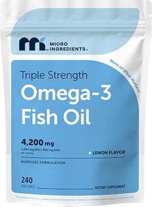 Micro Ingredients Omega-3 Triple Fuerza Aceite de Pescado 4,200 mg por Porción | EPA 1200mg + DHA 900mg por Porción, Fuente de Pescado Salvaje, Sabor Limón, 240 Cápsulas Blandas, Sin Eructos, Sin Sabor a Pescado. Cápsula Blanda 240 Unidades (Paquete de 1)