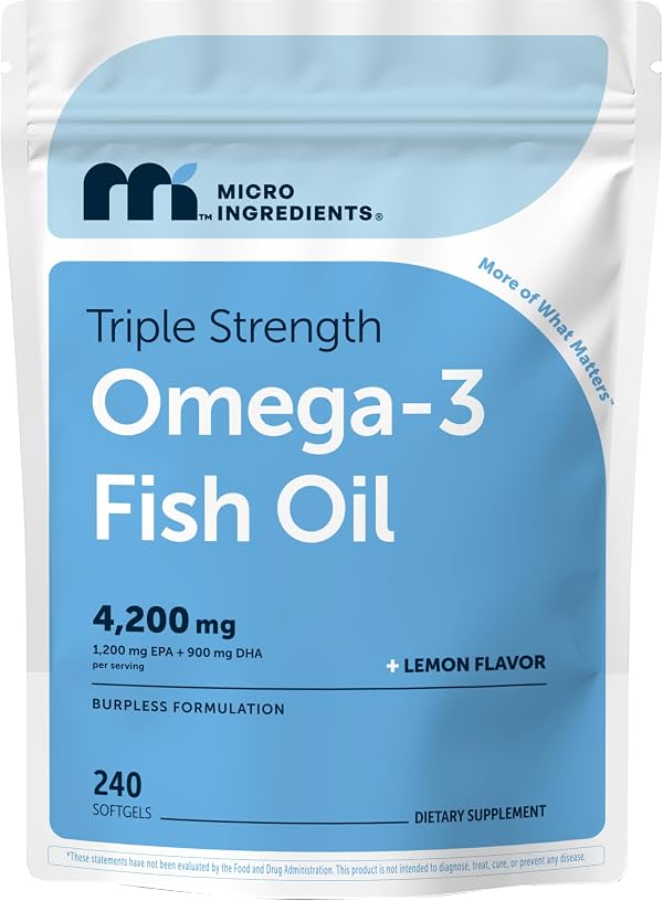 Micro Ingredients Omega-3 Triple Fuerza Aceite de Pescado 4,200 mg por Porción | EPA 1200mg + DHA 900mg por Porción, Fuente de Pescado Salvaje, Sabor Limón, 240 Cápsulas Blandas, Sin Eructos, Sin Sabor a Pescado. Cápsula Blanda 240 Unidades (Paquete de 1)