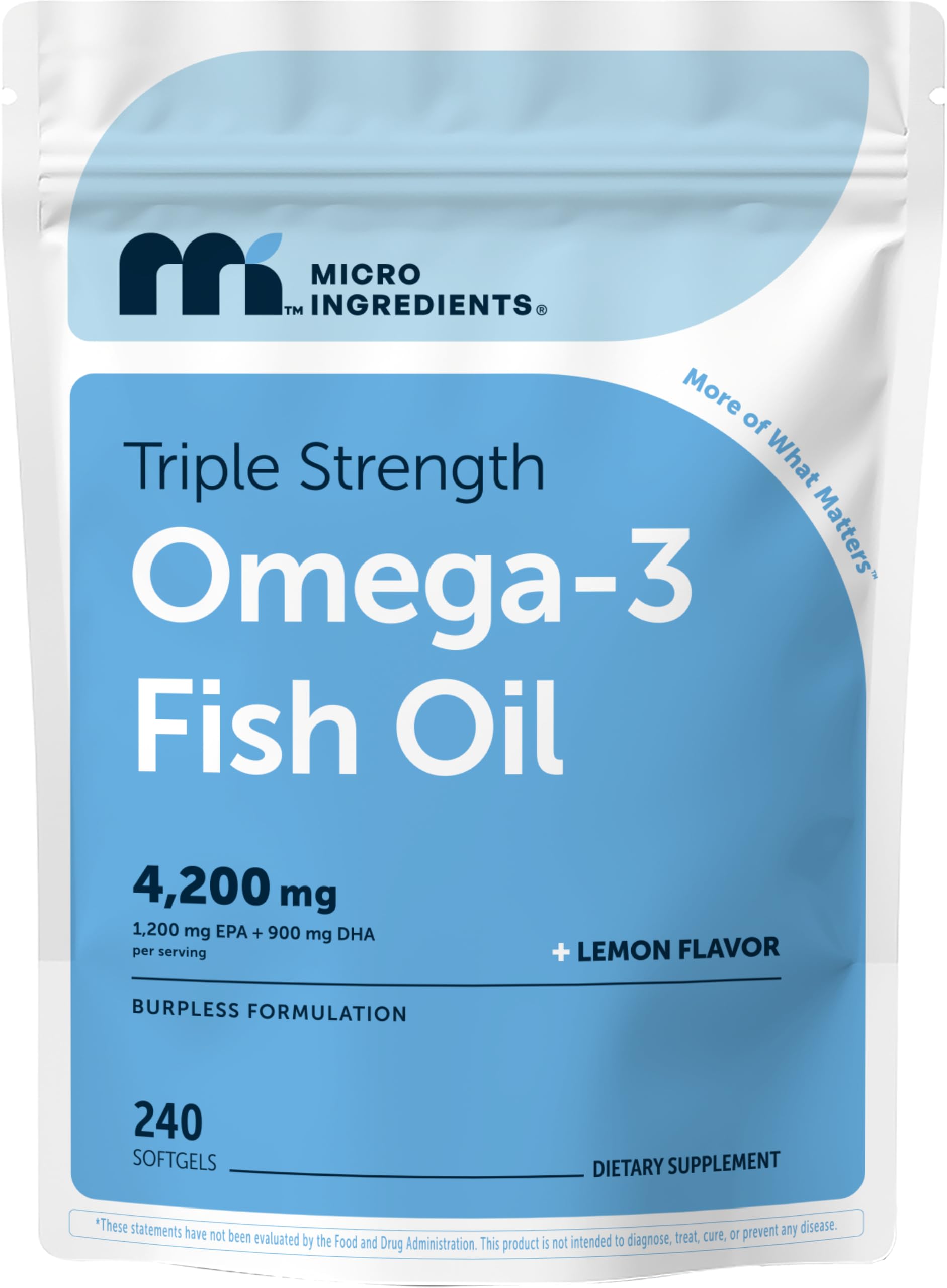 Micro Ingredients Triple Strength Omega-3 Fish Oil 4,200 mg Per Serving | EPA 1200mg + DHA 900mg Per Serving, Wild Caught Fish Source, Lemon-Flavored, 240 Softgels, Burpless, No Fishy Aftertaste.