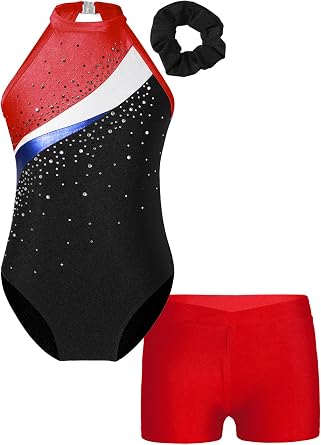 Kids Girls Shiny Rhinestones Ballet Gymnastics Outfits Tank Leotards with Shorts Hair Band Athletic Unitards