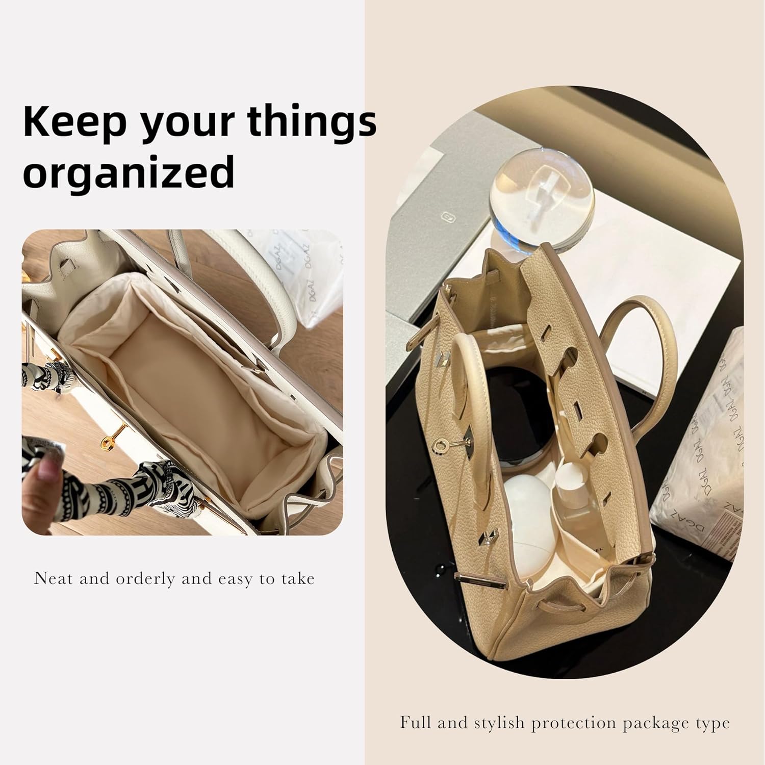 DGAZ Purse Organizer Silky Smooth,Silk,Luxury Handbag Tote in Bag Shapers, Women- Fits Birkin25/30/35/40 Bags (Craie, BK25) - Image 8