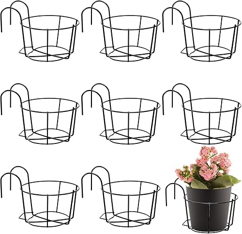 Miniatura 1 de Wesiti 10 macetas redondas colgantes de metal, soportes para macetas de hierro, barandillas para vallas, balcón, soporte para flores, estante para
