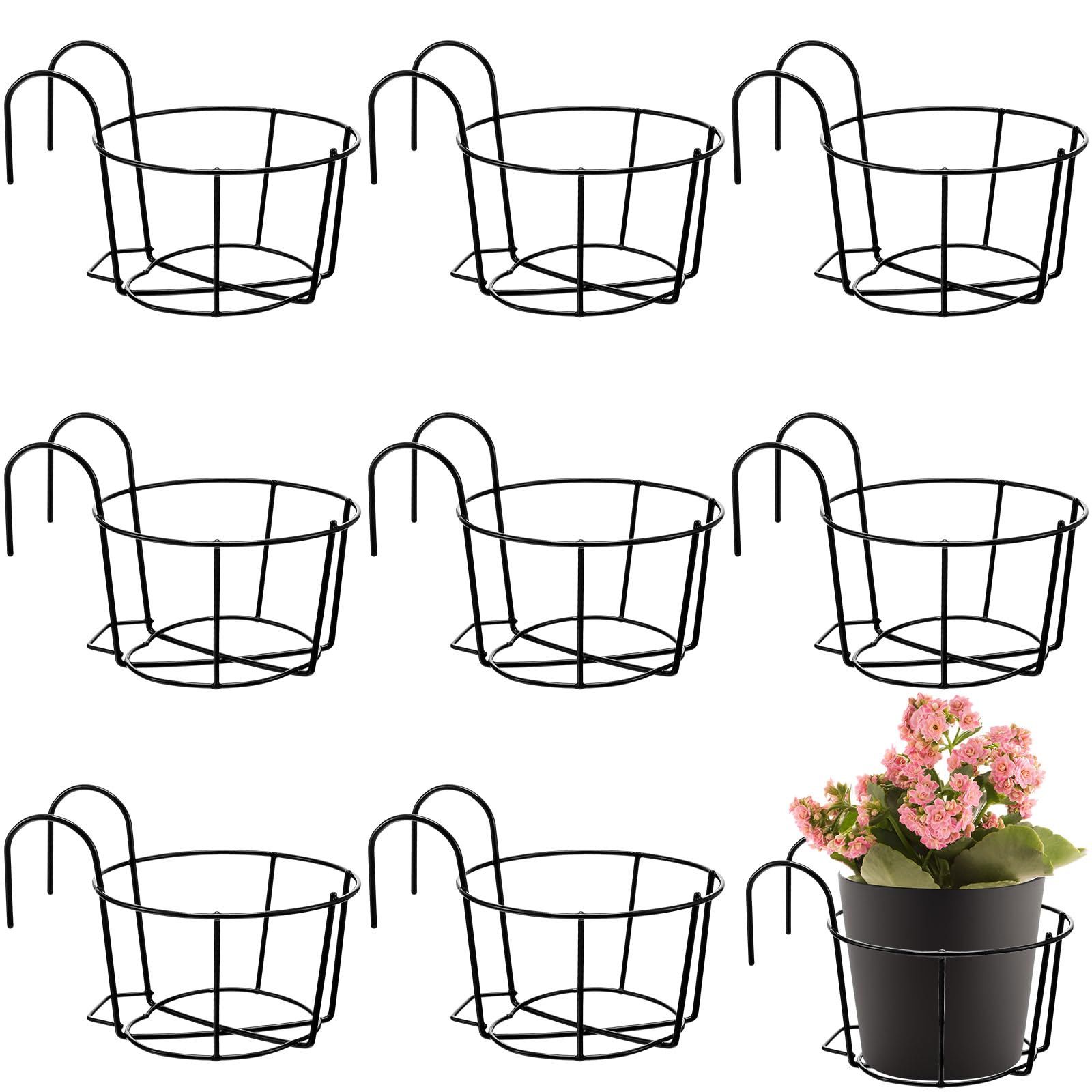 10 Pcs Round Hanging Flower Stand Balcony Planters Railing Hanging Metal Rack Fence Railing Planters Outdoor Balcony Hanging Flower Stand Shelf Container (Black,10 Inch)