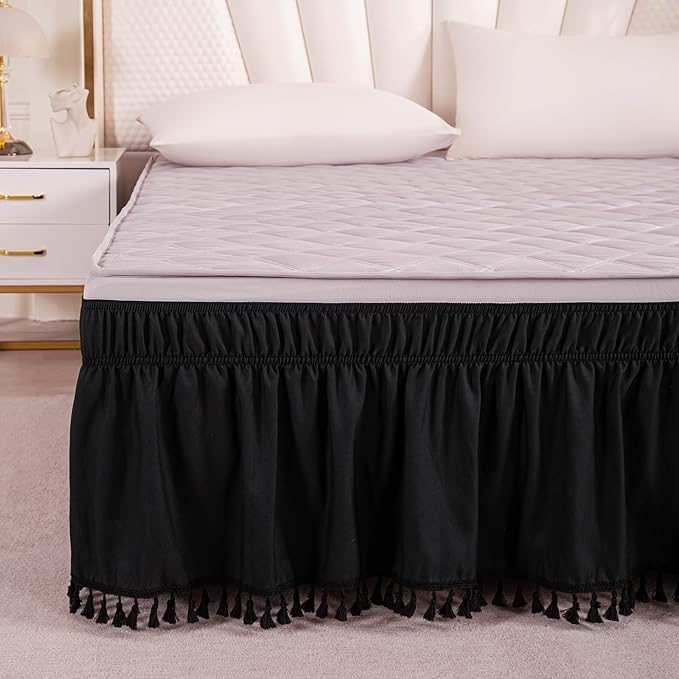 Tassel Ruffled Bed Skirt, 15" Drop Luxury Fringe Knotted Cotton Tassel Decorative, Bedding Bohemian Boho 100% Washed Cotton (Black, King 78"x80")