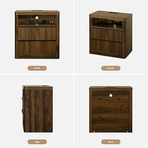 Miniatura 9 de Juego de 2 mesitas de noche acanaladas con cajón, mesita de noche grande y moderna con puerto USB y tomacorriente, mesita de noche de mediados de