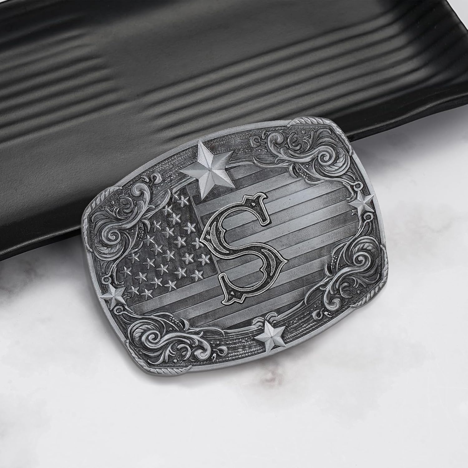 Western Belt Buckle for Men Women, Initial Letter ABCDJRM to Z Silver Cowboy Belt Buckles American Flag Accessories - Image 3