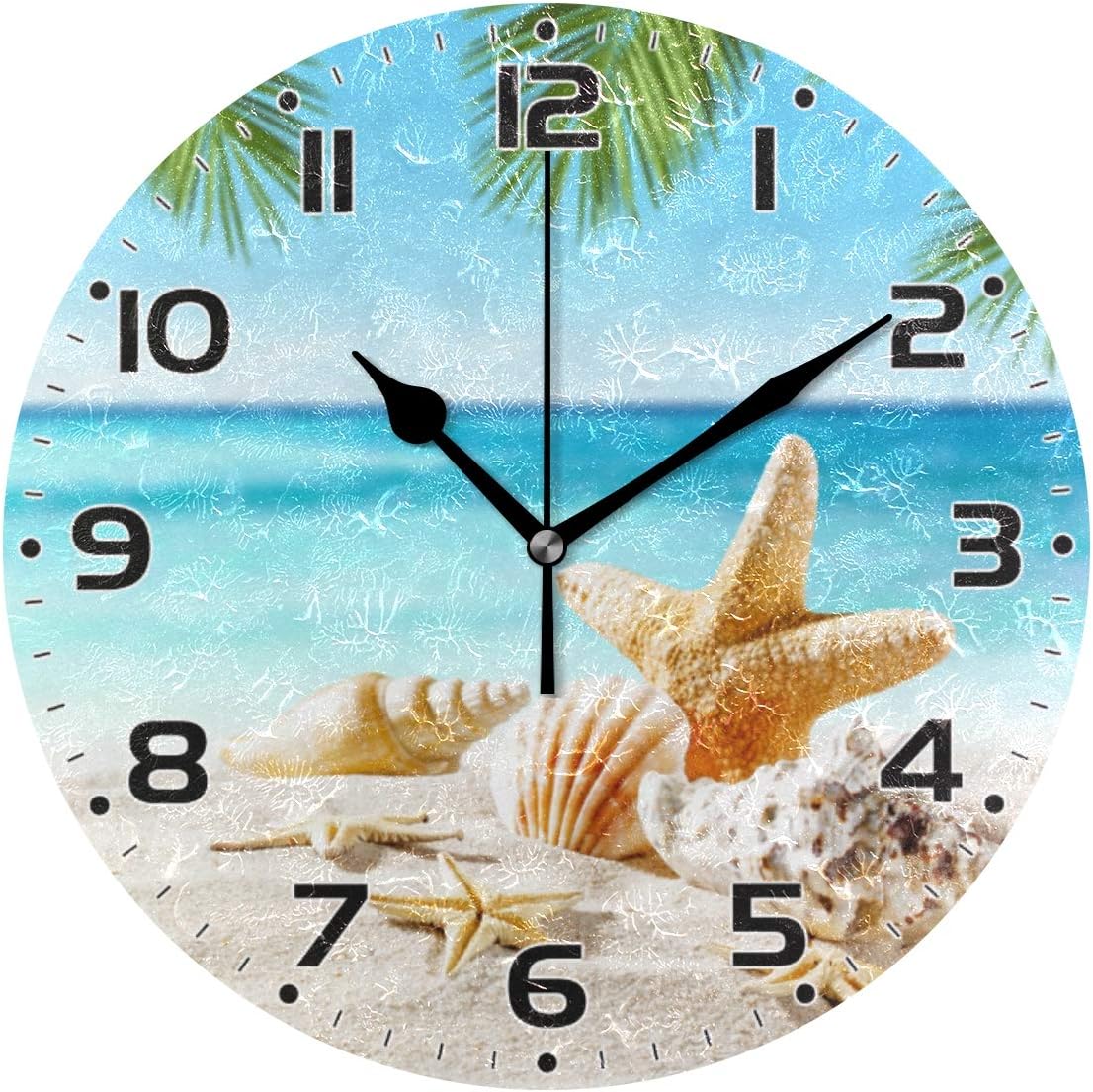 Tropical Seashells Starfish Beach Wall Clock Non Ticking Silent Art Clock for Living Room Bedroom Office School Home Decor