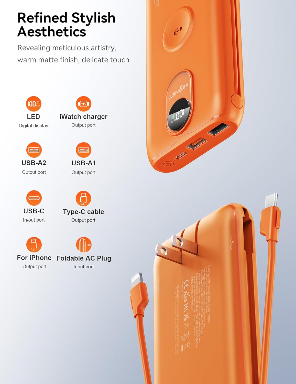 Portable Charger, 10000mAh 22.5W Power Bank Fast Charging with Built in Cable & Wall Plug, Portable Phone Charger with Led Display, Travel Essentials Battery Pack for iPhone 17/16, iWatch 11/Ultra/SE