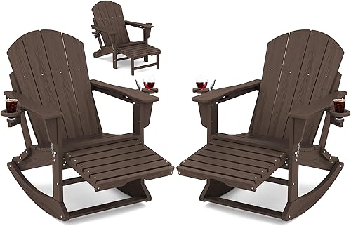 Miniatura 38 de KINGYES Silla Adirondack con reposapiés retráctil y portavasos, silla reclinable de Adirondack de HDPE para porche, patio, balcón, gris plomizo