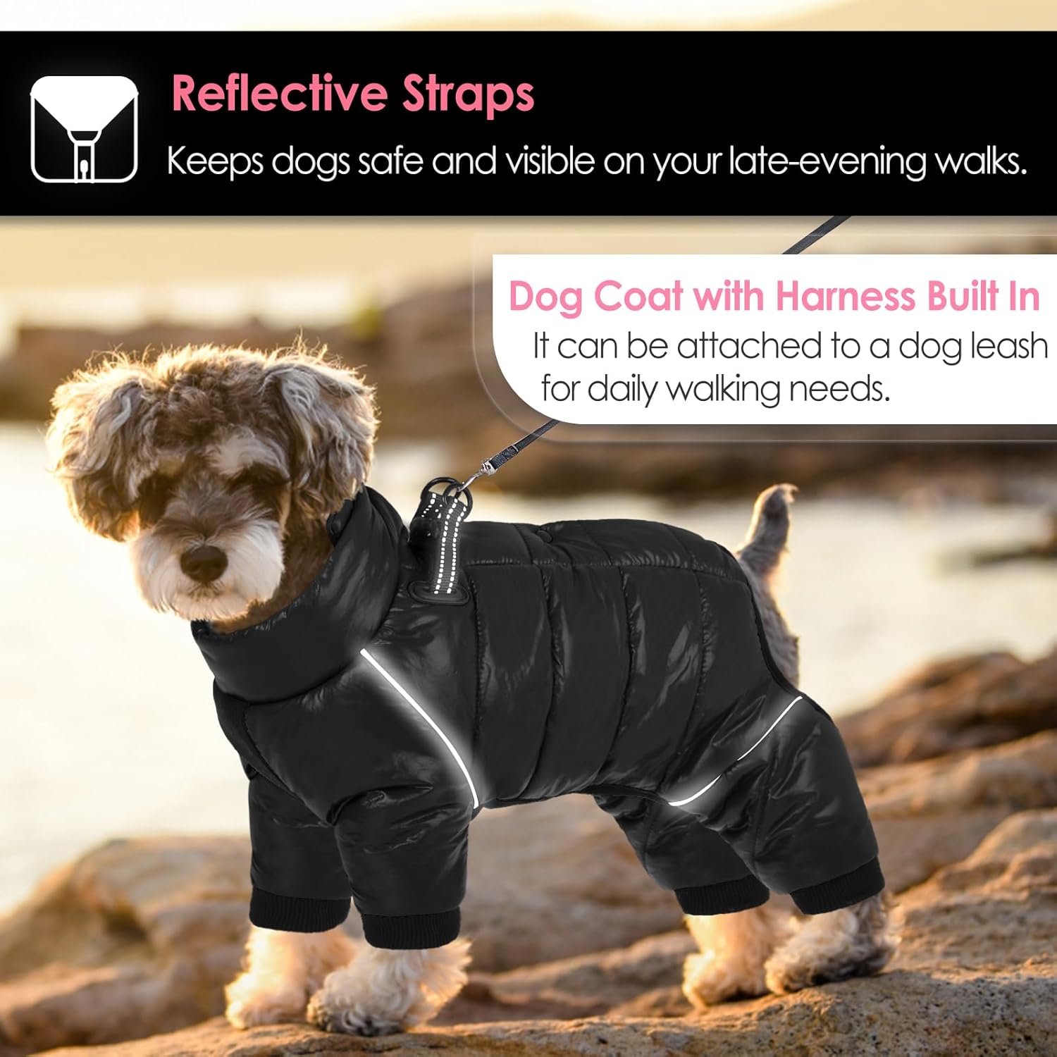 AOFITEE Dog Coat, Waterproof Dog Jacket for Winter, Warm Fullbody Dogs Snowsuit, Winter Coat for Small Dogs, Zip Up Pet Puffer Jacket Fleece Vest, Outdoor Reflective Cold Weather Pet Coats, Black S