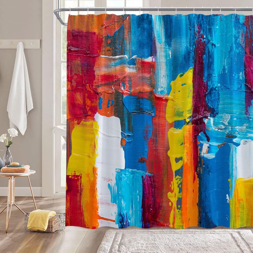 GCTNBJL Blue Red Orange Shower Curtain Burnt Burgundy Blue Yellow Abstract Brushstrokes Style Oil Painting Modern Art Bathroom Decor Fabric Curtain with Hooks