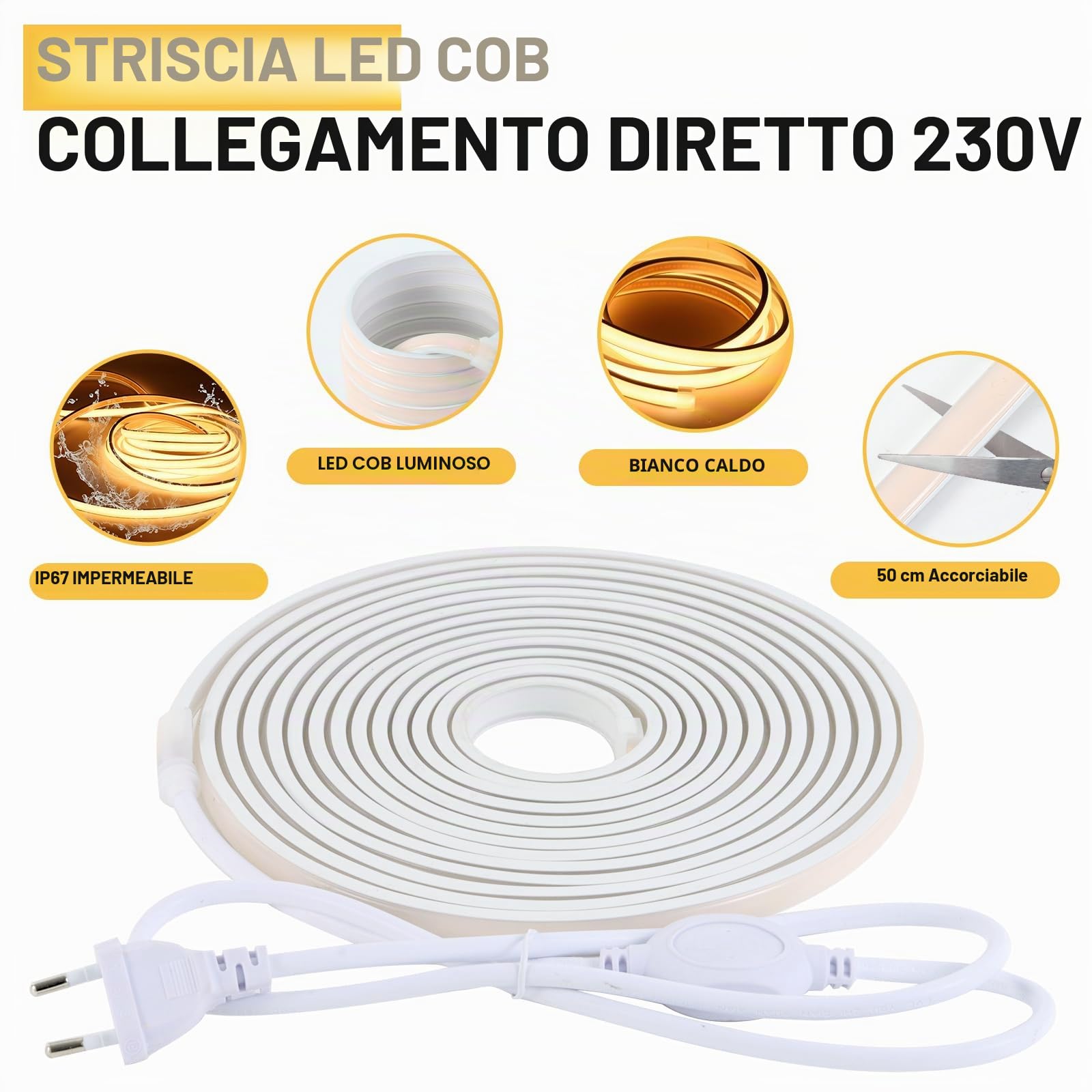 pcning Striscia LED COB Luce Calda 220V 5M senza Trasformatore con Spina, 5 Metri Strisce LED da Esterno Impermeabile IP67 (5M, Bianco Caldo)
