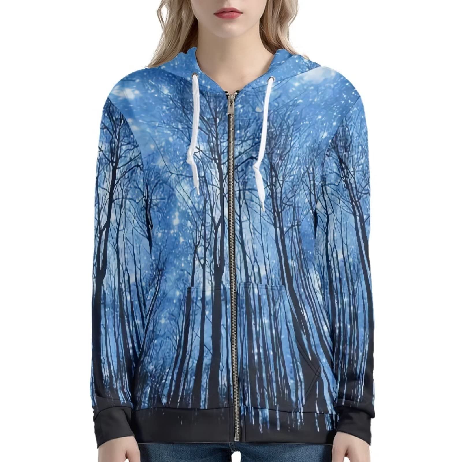 Xoenoiee Stampa 3d Donne Zip Up Felpe Felpa Giacca Manica Lunga Camicie Streetwear Pullover Top Con Tasca, Foresta Silhouette cielo stellato, S