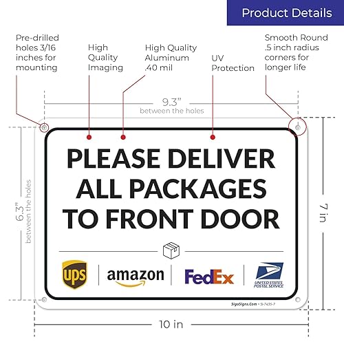 Vista 328 de Cartel de entrega del paquete, letrero de instrucciones de entrega, 10 x 7 pulgadas, aluminio 040 libre de óxido, resistente a la decoloración