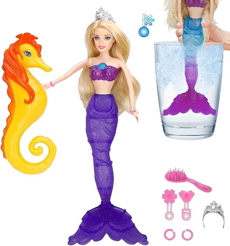 Reversing Squins - Juego de muñeca de princesa sirena, cola de sirena que cambia de color de temperatura, muñeca de vestir de pelo rosa de 12