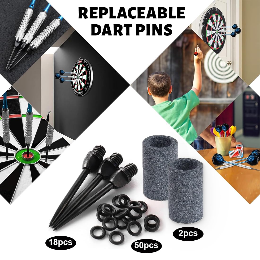 18 puntas para dardos de acero 2BA, puntas de metal para dardos, puntas blandas para dardos, puntas de repuesto, accesorios para dardos, con 50 anillos de goma para dardos y 2 muelas