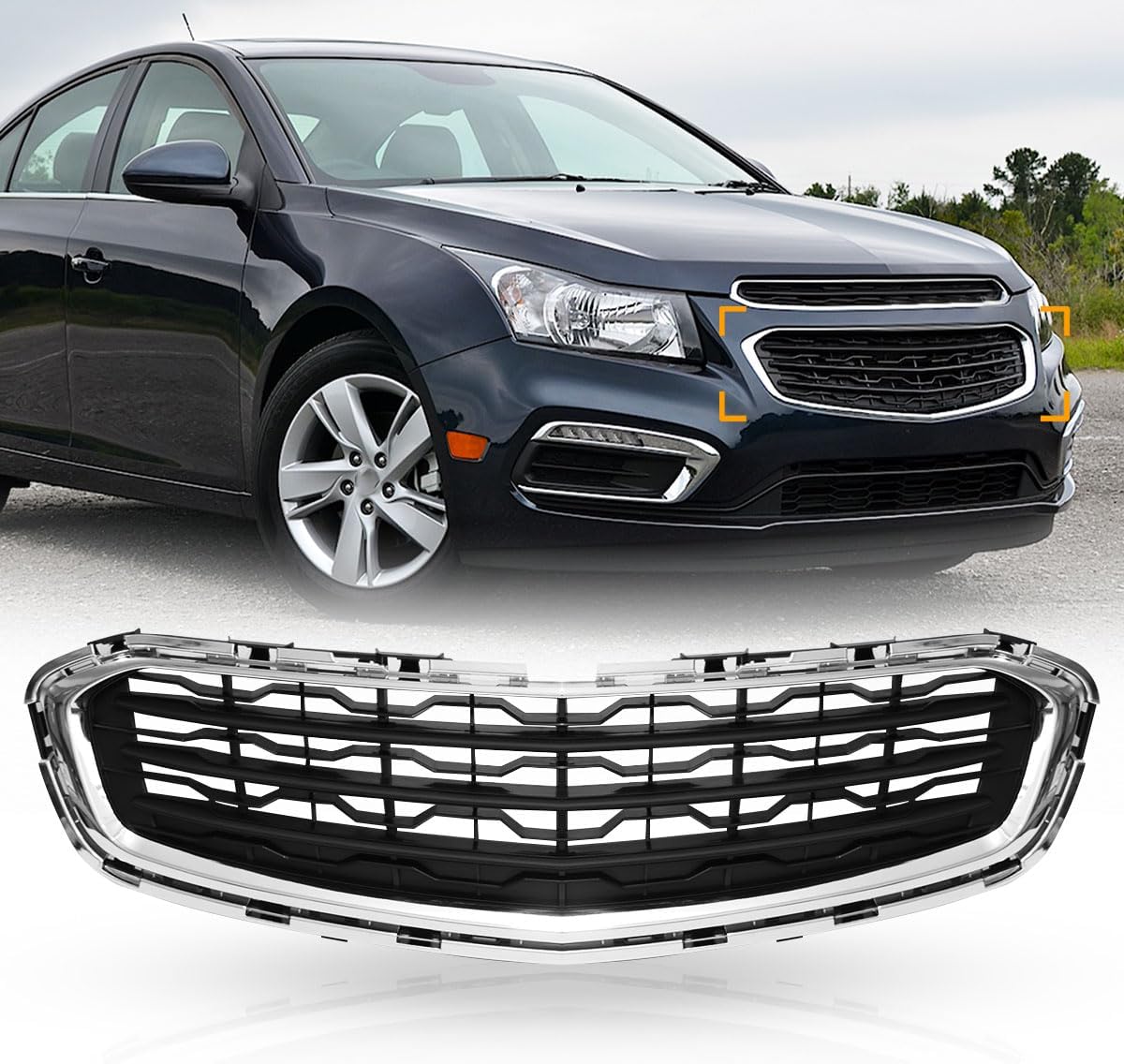 Chrome Front Bumper Center Grille Fit for Cruze 2015 Fit for Cruze Limited 2016,ABS Black w/Chrome Grille Assembly Replace ，Not Compatible LTZ Models