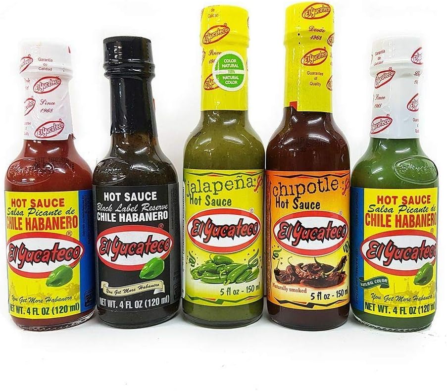 El Yucateco Salsa 5 Bottle Saver Pack - Chipotle, Jalapeno, Red, Green, Black