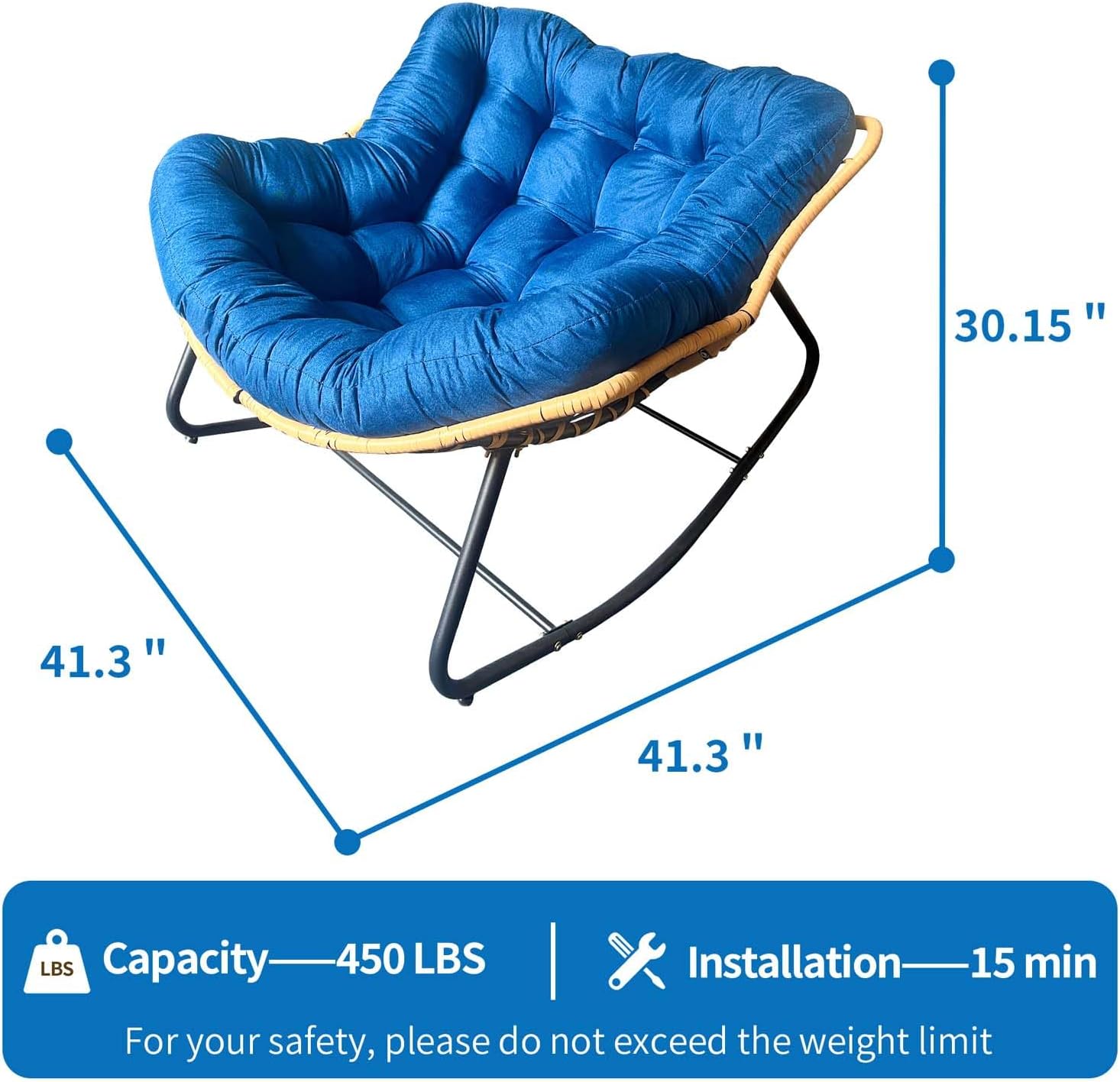 Oversized Papasan Rocking Chair Outdoor/Indoor, Boho Egg Wicker Recliner with Thick Cushion, Versatile Comfy Garden Seating Chairs for Living Room, Bedroom, Balcony, Patio (Dark Blue)
